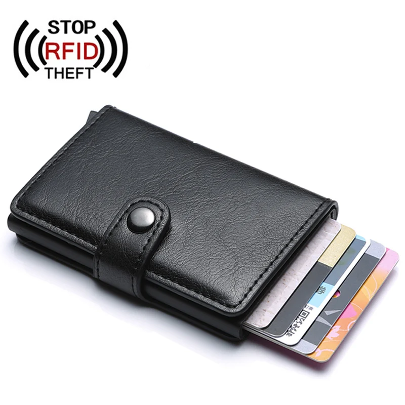 

Men Credit Card Holder Hasp PU Leather RFID Blocking Automatic Business ID Card Holder Aluminum Metal Men Wallet Purse for Cards