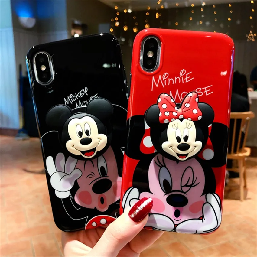 

JAMULAR 3D Cute Cartoon Mickey Minnie Phone Case for iPhone 7 8 Plus 6S Plus Glossy Cover for iPhone X XS MAX XR soft Coque