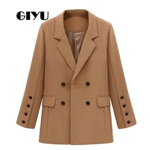 GIYU Autumn Winter Women Solid Blazer Long Sleeve Jackets Pockets Office Lady Casual Double Breasted camiseta mujer