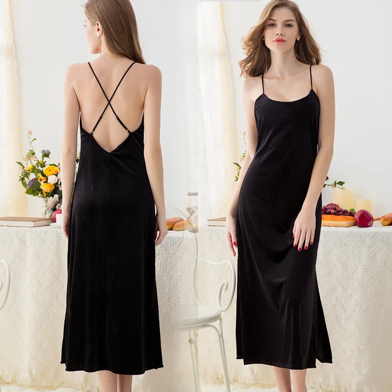 

Tenygo Autumn Winter Women Gold Velvet Sexy Sling Nightdress Thicken Slim Long Sleep Black Lingerie Dress Nightgown Sleepwear