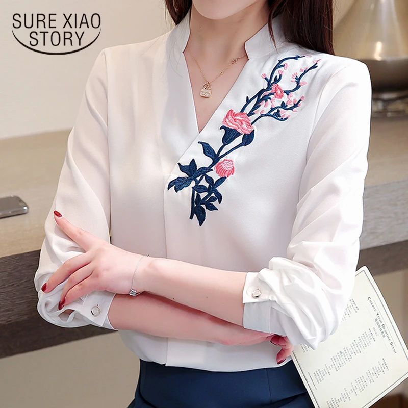  fashion woman blouses 2019 embroidery plus size women blouse shirt V collar office white blouse lon