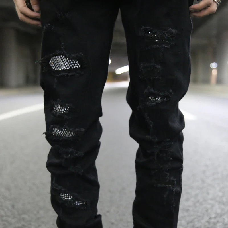 Мужские рваные джинсовые джинсы с принтом граффити, потертые байкерские джинсы с блестками, модные уличные узкие брюки для бега