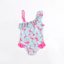 Цельный купальник г., купальный костюм с фламинго для маленьких девочек Детский комплект купальников бикини с оборками на одно плечо, детская пляжная одежда