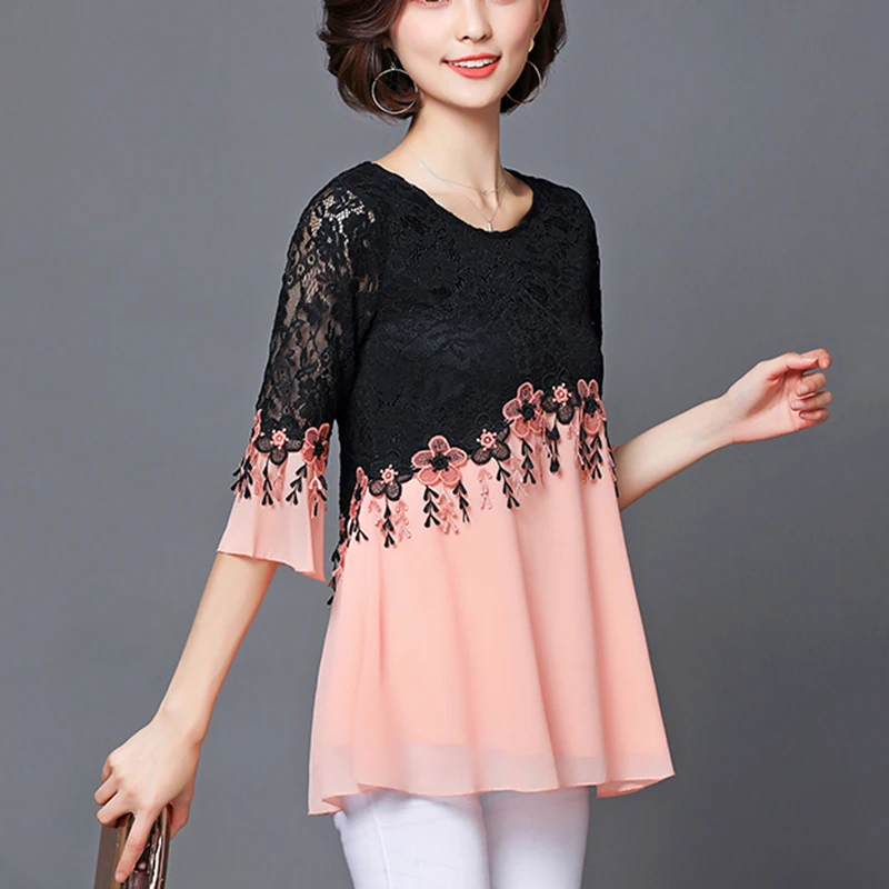 Женская шифоновая блузка с рукавами колоколами и вышивкой|flare sleeve|lace shirtlace chiffon top |