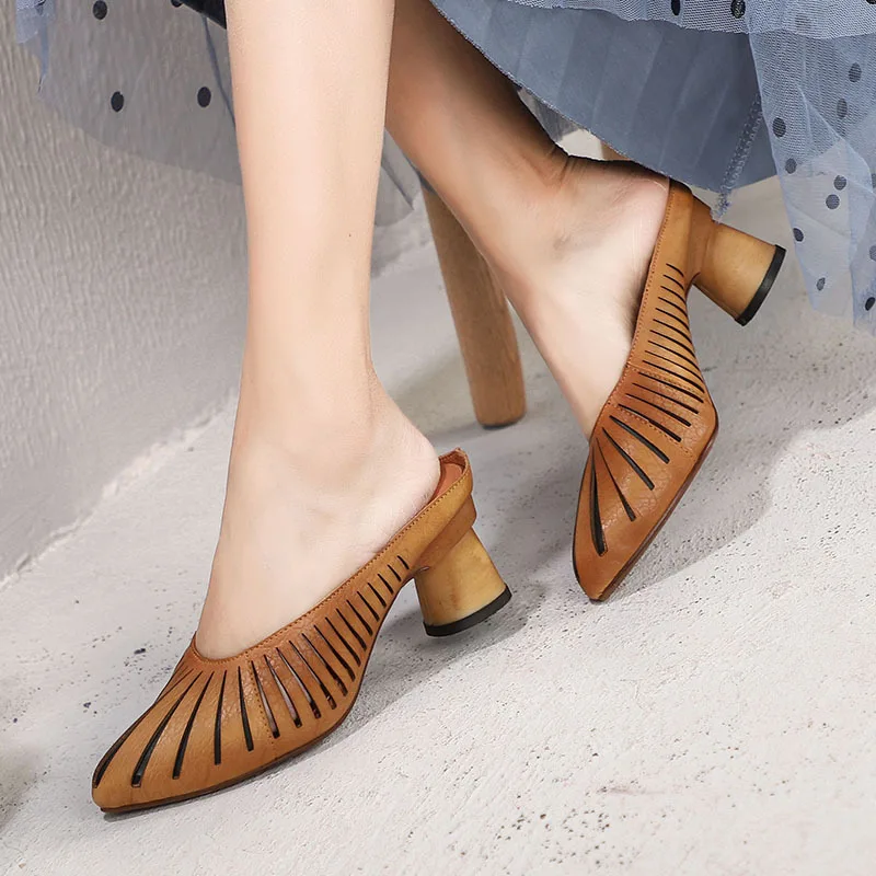 

high quality 2019 women summer genuine leather thick medium heels shoes female sandals handmade slippers slides H901-321