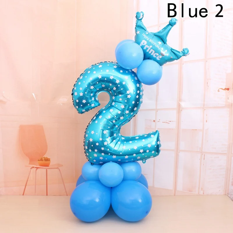 1 компл. Синий Розовый Фольга номер шар латексные воздушные шары с короной юбилей ребенка душ Дети День рождения надувные игрушки - Цвет: BL2