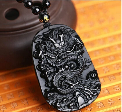 

Free shipping >>@>> hot sell Fine engraving natural black crystal A obsidian dragon black jade pendant