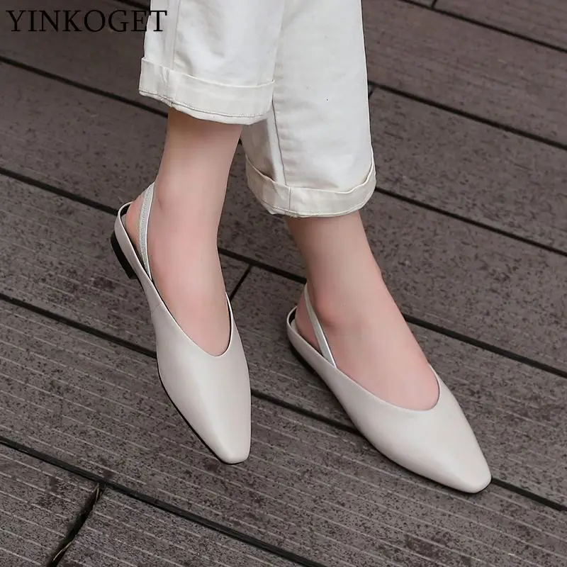 

YINKOGET high quality genuine leather square toe flat heel women sandals comfortable women flats sneakers shoes summer sandals