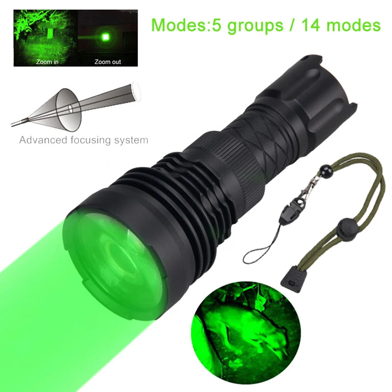 

Green LED Light Tactical Flashlight Zoomable Spot Flood Light Torch Hunting Lamp with Pressure Switch