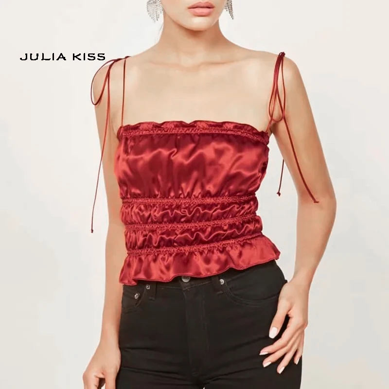 

Women Satin Smocked Camis Top Strap Ties Shoulder Camis Top