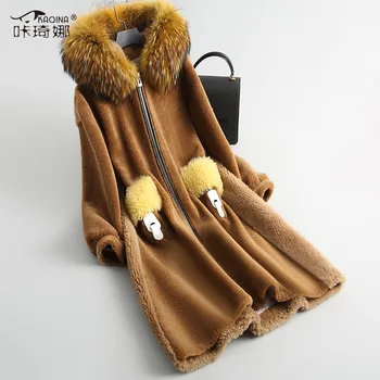 

100% Wool Jacket Real Fur Coat Raccoon Dog Fur Hooded Autumn Winter Coat Women Clothes 2018 Korean Elegant Abrigo Mujer 18087 ZT