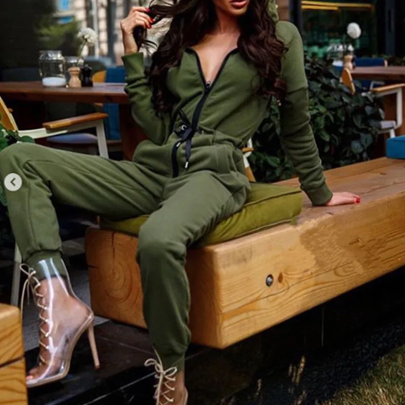 Армейский зеленый женский сексуальный комбинезон с длинным рукавом комбинезон с завышенной талией толстовки уличная одежда комбинезон длинные брюки W3