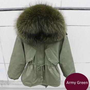 

Large raccoon fur collar Winter jacket 2019 Fashion Woman Thick Warm Parka Outwear army green Hooded Coat