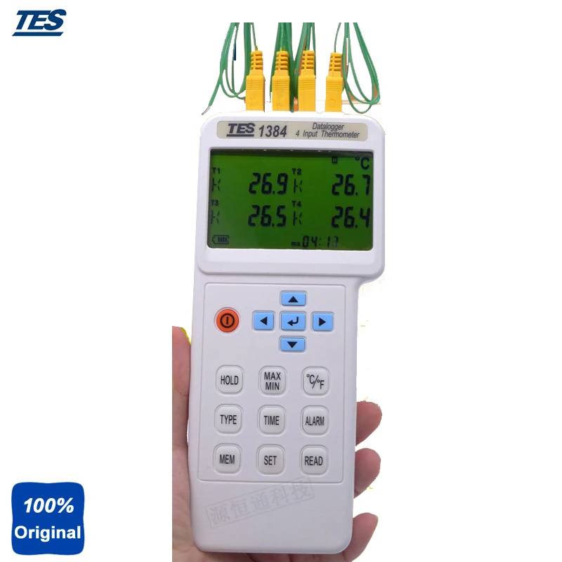 

TES-1384 Highly Accurate 4 Input Function T1/T2/T3/T4 Temperature Display Thermometer Thermocouple with Datalogger