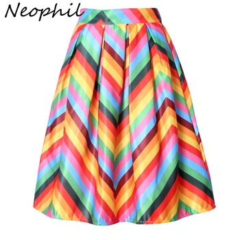 

Neophil Rainbow Striped Fringe Printed 2016 Summer High Waist Jupe Femme Pleated Ruffle Flare Satin A-Line Womens Skirts S07048
