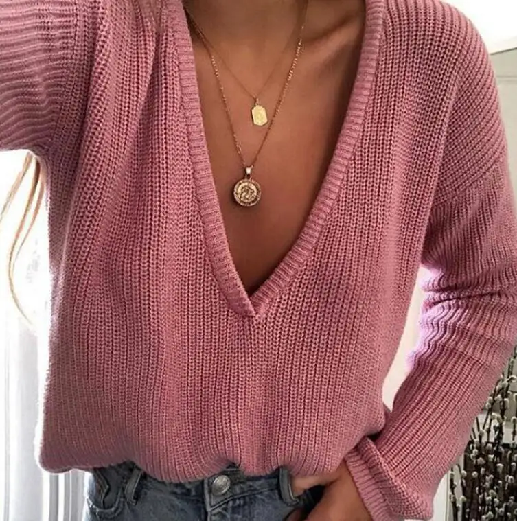 Модный Женский Повседневный вязаный свитер джемпер с глубоким v-образным вырезом Топы с длинным рукавом свободный однотонный пуловер свитер - Цвет: Розовый