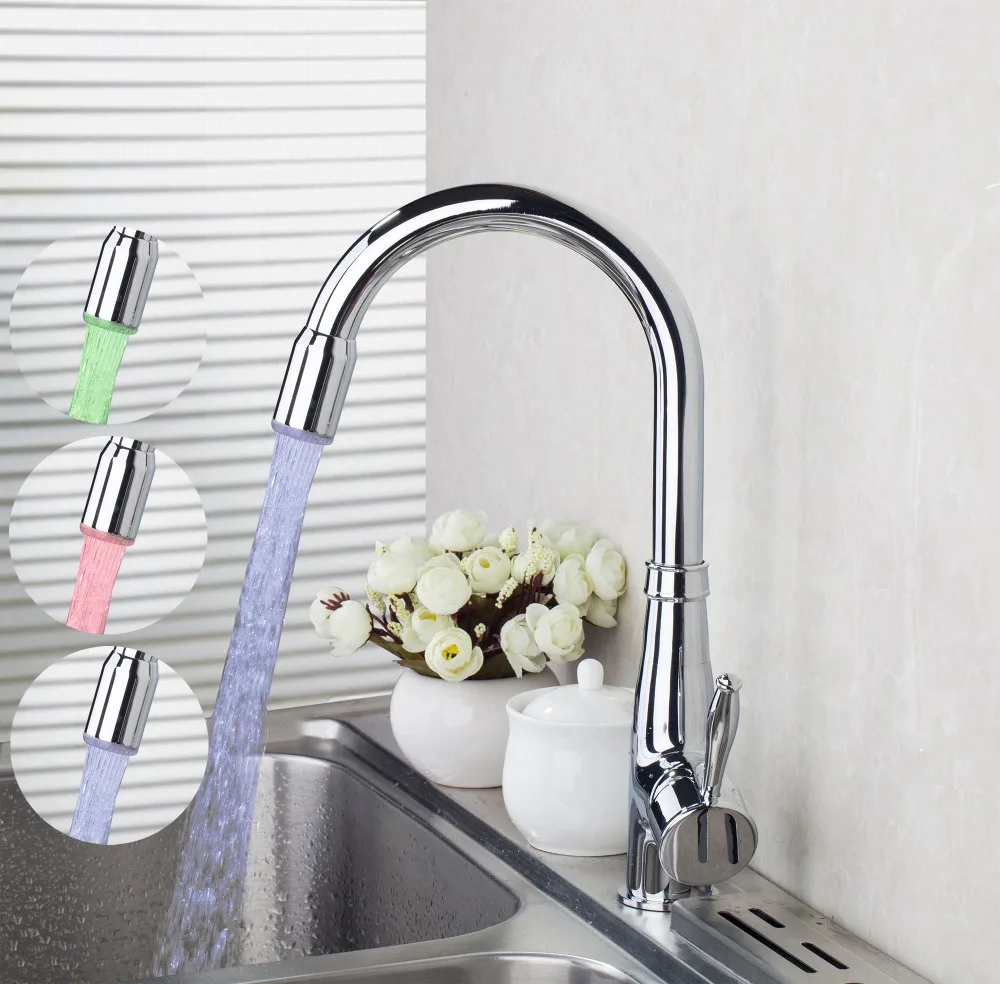 HELLO Kitchen LED Faucet Hot Cold Water Mixer Tap Single Lever Mixer Tap Brass Chrome Kitchen