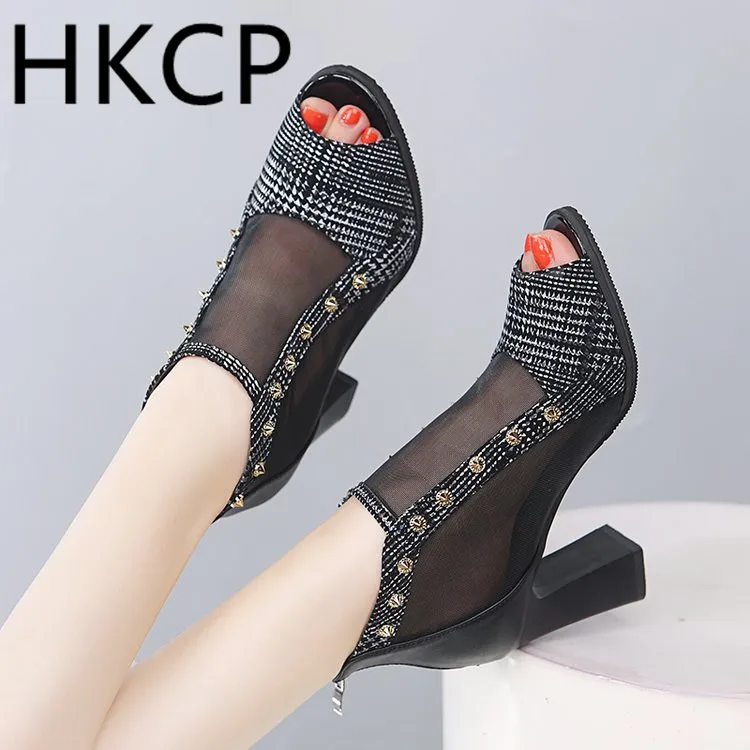 

HKCP 2019 new European and American open net boot women's thick-heeled fish-bill mesh sandals C117