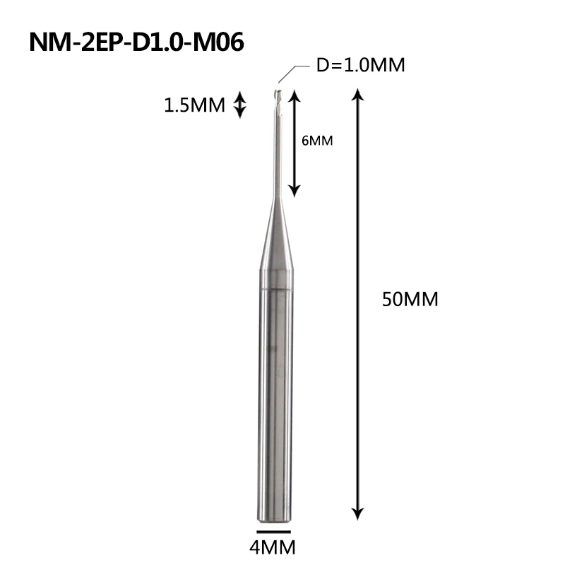 NM-2EP Вольфрамовая сталь 2 Флейта квадратная длинная шея с покрытием Концевая фреза Фрезерный резак режущие инструменты для меди и алюминиевого сплава - Длина режущей кромки: NM-2EP-D1.0-M06