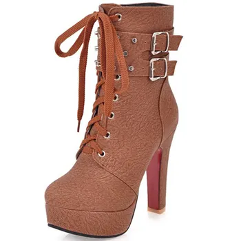 

Women's Shoes Lace Ankle Boots Female Rivet Belt Buckle Chunky High Heels Booties Black Yellow Brown Beige 12cm