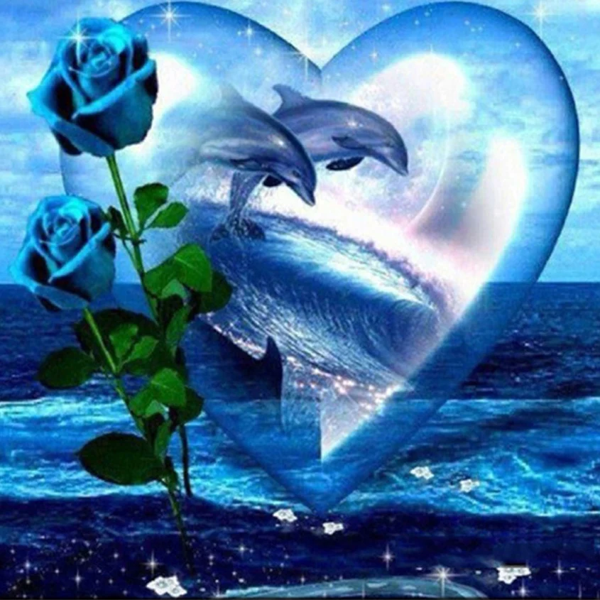 

100% Full 5D Diy Daimond Painting "Love Roses&Dolphins" 3D Cross-stitch Round Rhinestone Full Pasted Diamant Painting Embroidery