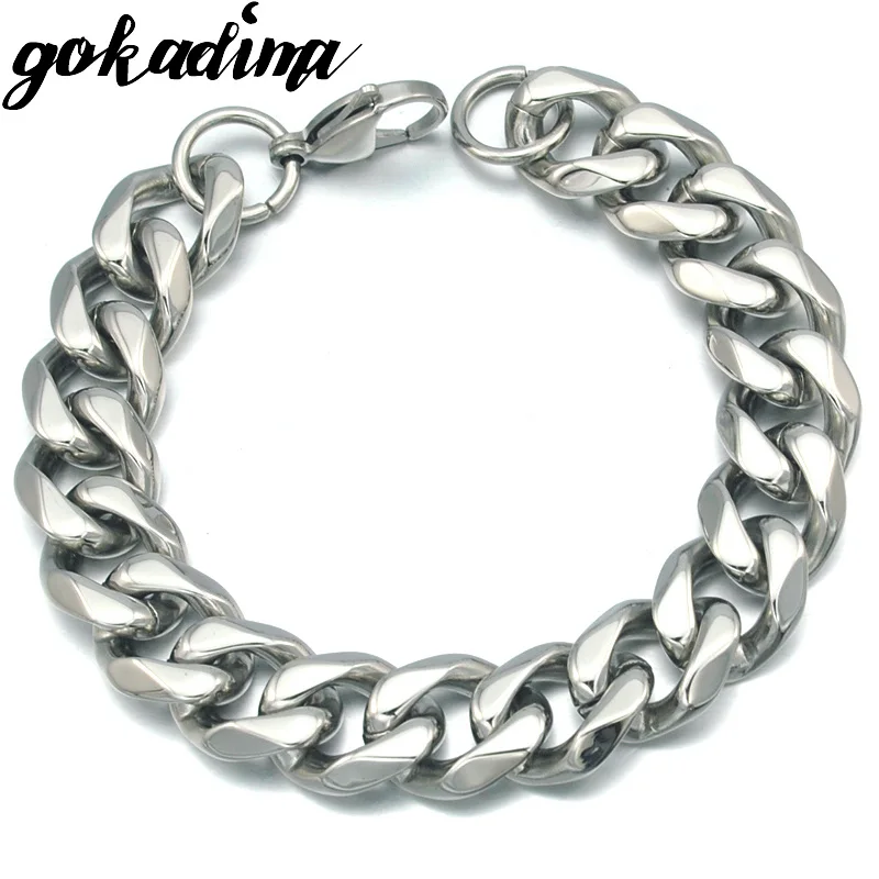 

Gokadima Mens Stainless Steel Bracelet Curb Cuban Chain Link Jewelry 2017 Fashion Hip Hop Style 14mm Width High Guality WB227