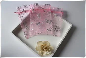 

pink Organza OEM Any size Silver Butterfly Organza Gift Candy Bags Jewellry Package Pouch