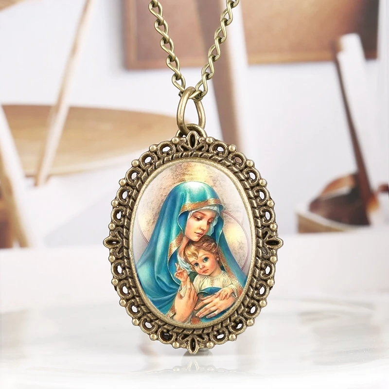 Unique Virgin Mary Necklace Quartz Pocket Watch Mother Mary Catholic Religious Pendant Gifts Necklace Women as Collectibles 2019 2019 2020 2021 (5)