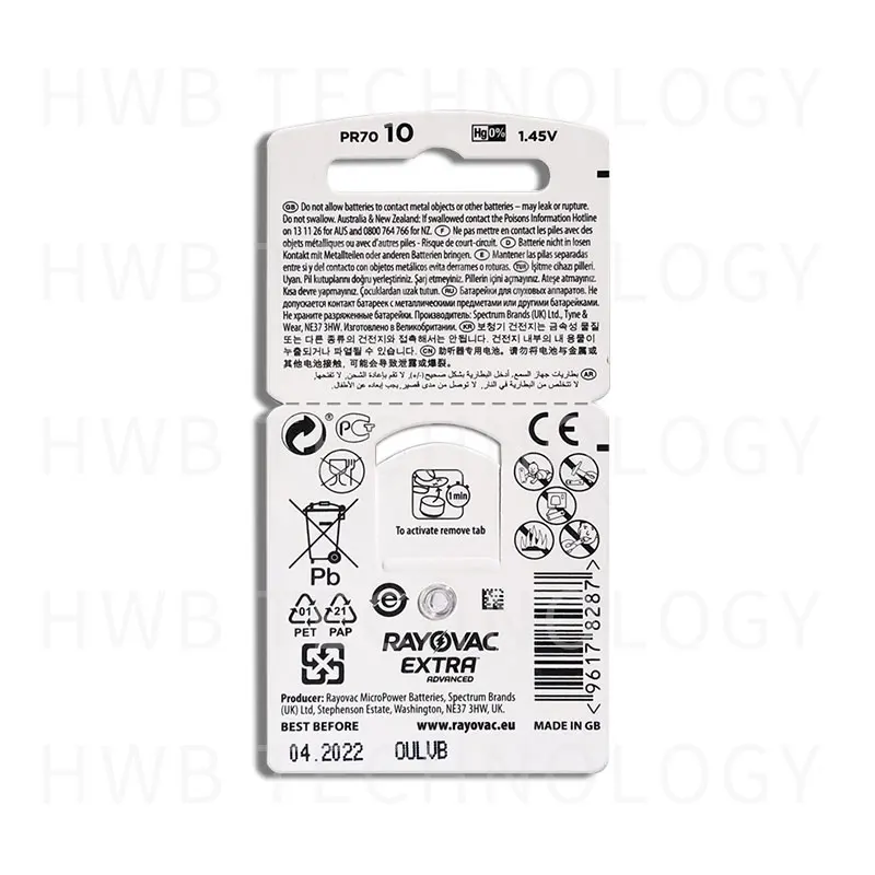 Батарейки для слухового аппарата Rayovac 10 A10 p10 PR70 6x1 (карта) бесплатная доставка