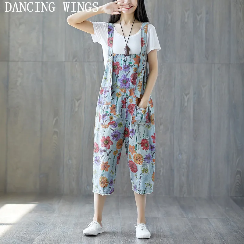 

Spring Summer Women Loose Casual Ripped Jeans Jumpsuits Calf Length Ladies Floral Print Trousers Overalls for Women