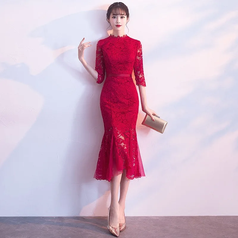 wine red Брендовая Дизайнерская обувь традиционное китайское платье Qipao женские вечерние платья Винтаж Cheongsam Для женщин невесты кружевное платье с юбкой-годе - Цвет: wine red