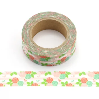 

15mm X 10m Beautiful pink rose and Green Leaves Decorative Washi Tape Paper DIY Scrapbooking Masking Tape School Office Supply