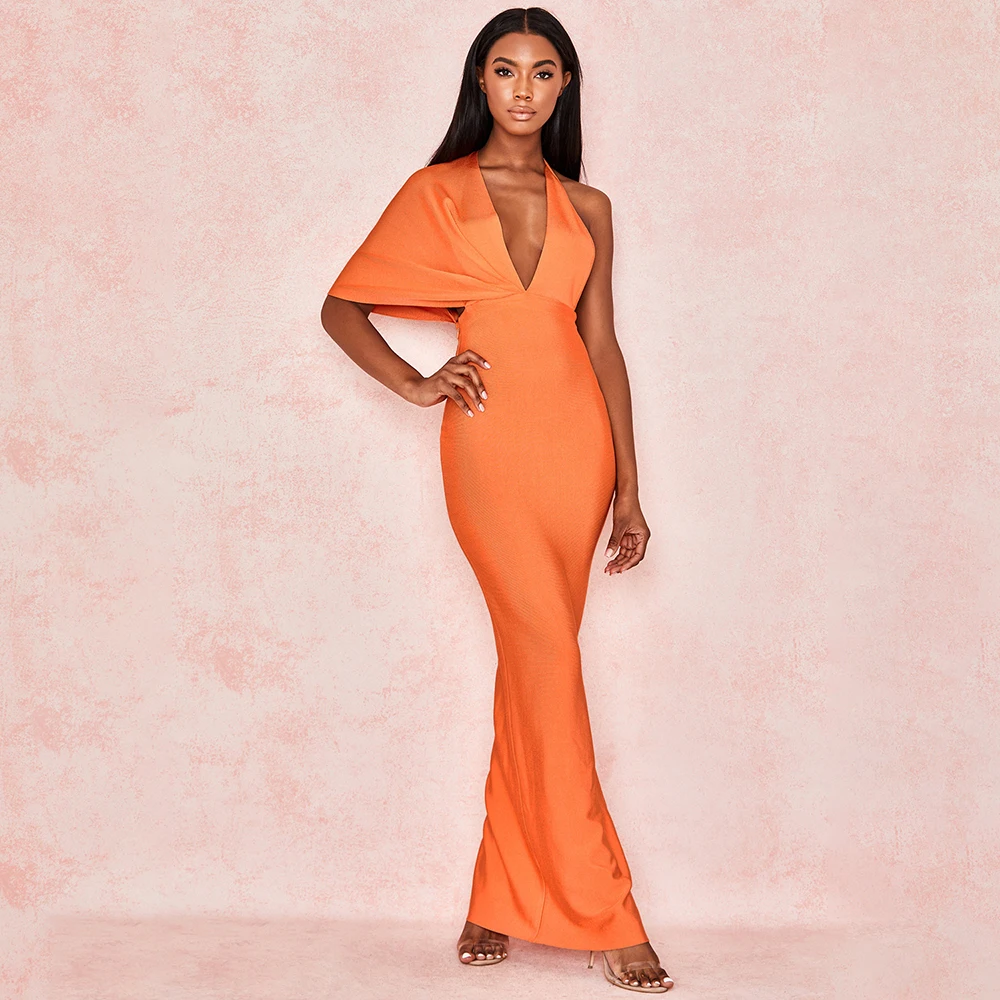 

2019 New Arrival Orange Bandage Dress Drape Maxi Asymmetric Sleeve Deep V Neck Sexy Party Stretchy Bodycon Dress