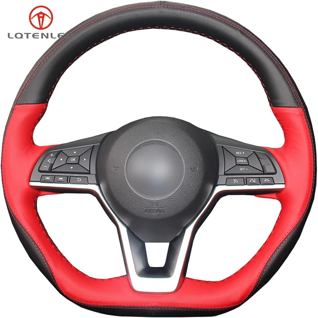 LQTENLEO Black Red Genuine Leather Car Steering Wheel Cover For Nissan
