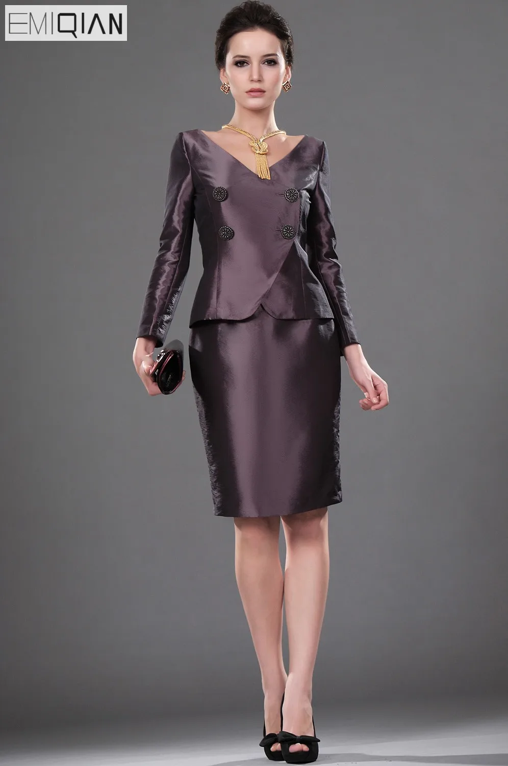 Formele Bruiloft Jurk Gorgeous Schede V-hals Lange Mouwen knielengte Taffeta Korte Moeder van de Bruid Jurk Formele Bruiloft Jurk Gorgeous Schede V-hals Lange Mouwen knielengte Taffeta Korte Moeder van de Bruid Jurk