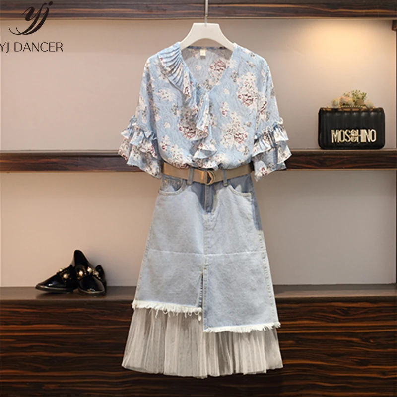 

Large Size Suit Female 2019 Summer New Age-Old Foreign Body Was Thin Covered Belly Short Sleeve + Denim Skirt Two-Piece Suit