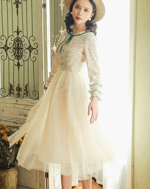 High Quality Best-selling Autumn New Arrival RoundCollar Flower Printed Color Block Gauze Lace Woman Long Dress | Женская одежда