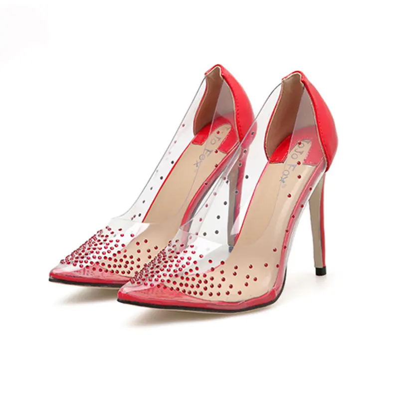 

New Fashion Clear Block Rhinestone High Heels Women's Pointed Toe Sexy Stilettos Party Wedding Pumps Girls Graduation Ball Shoes
