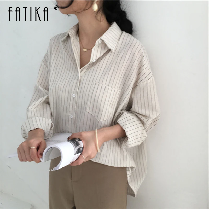 

Fatika Striped Long Sleeve Blouse Pockets Turn-down Collar Blouses Loose Office Lady Tops 2019 Spring Autumn Hot Slale