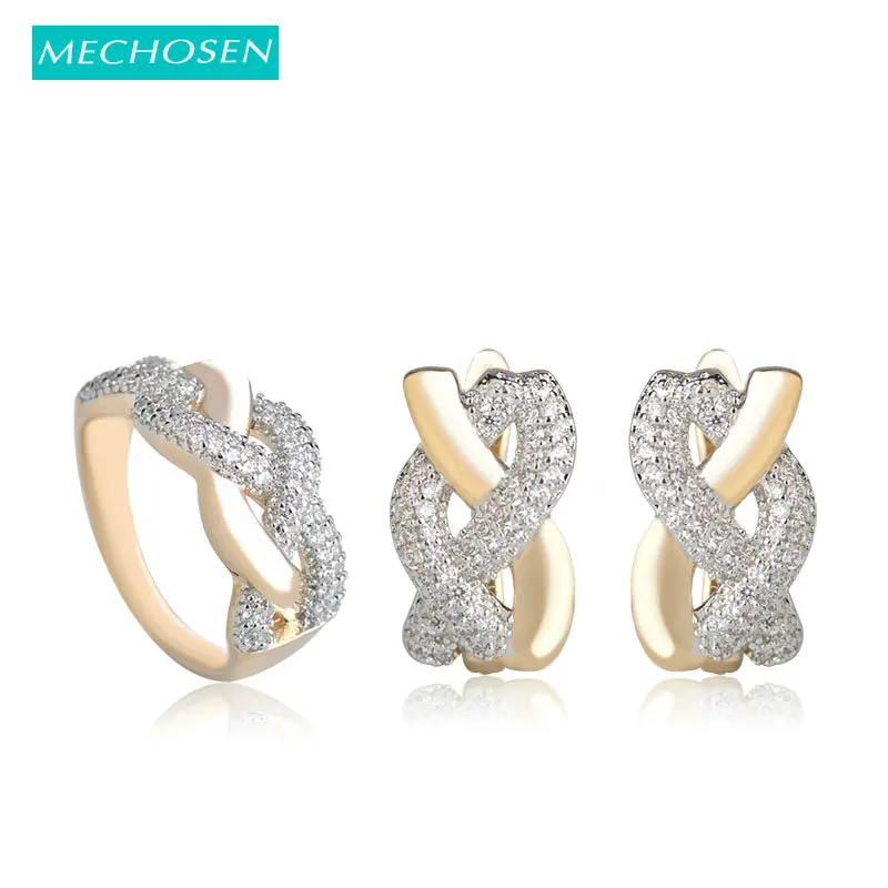 

MECHOSEN Classic OL Style Earrings Ring Jewelry Sets AAA Cubic Zirconia Inlay Gold Color Hollow Design pendientes Aretes bijoux