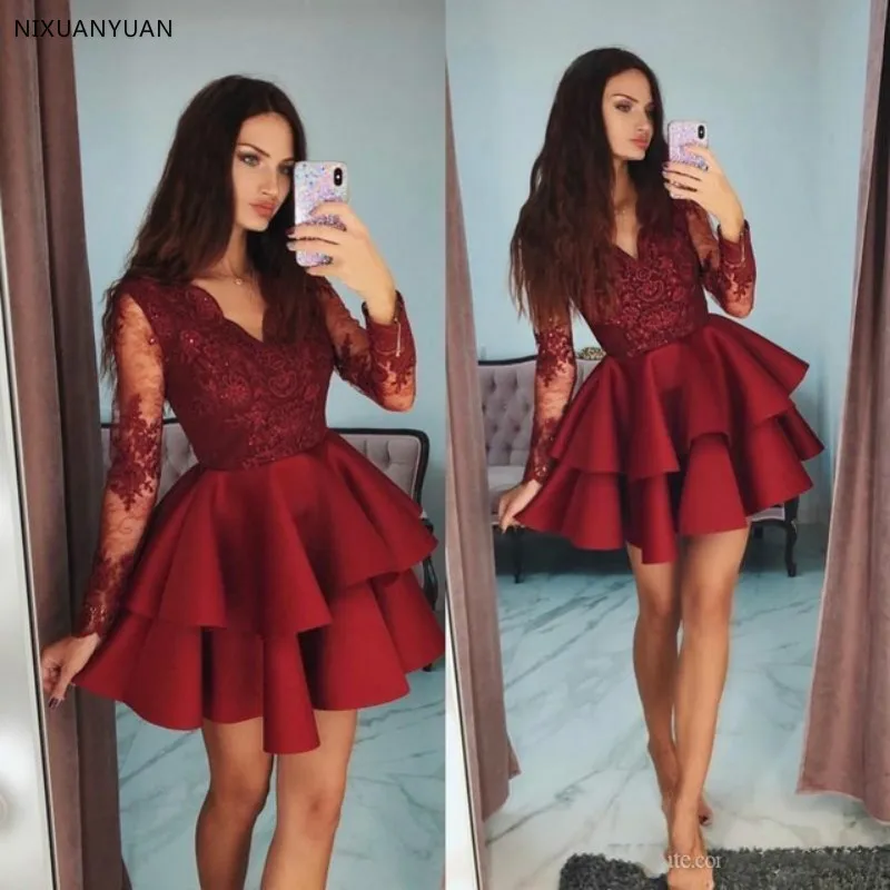 

Burgundy Cocktail Gown Full Sleeves Appliques Prom Gowns Custom Made Short Homecoming Dress Tiered Beaded Pageant Dresses