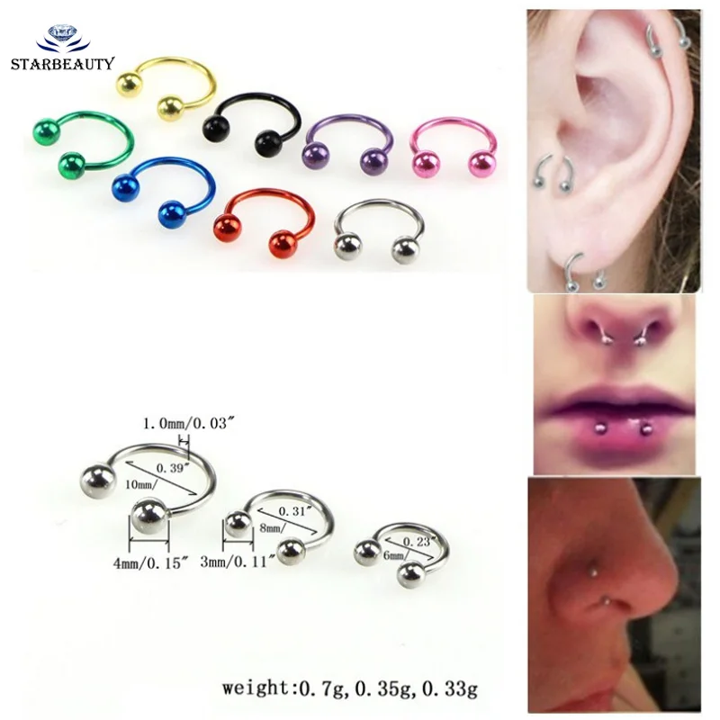 

2Pcs Surgical Piercing 8 different Colors Nose Ring Ball Horseshoe Circular Ring Labret Nipple Hoops Tragus Piercing Men