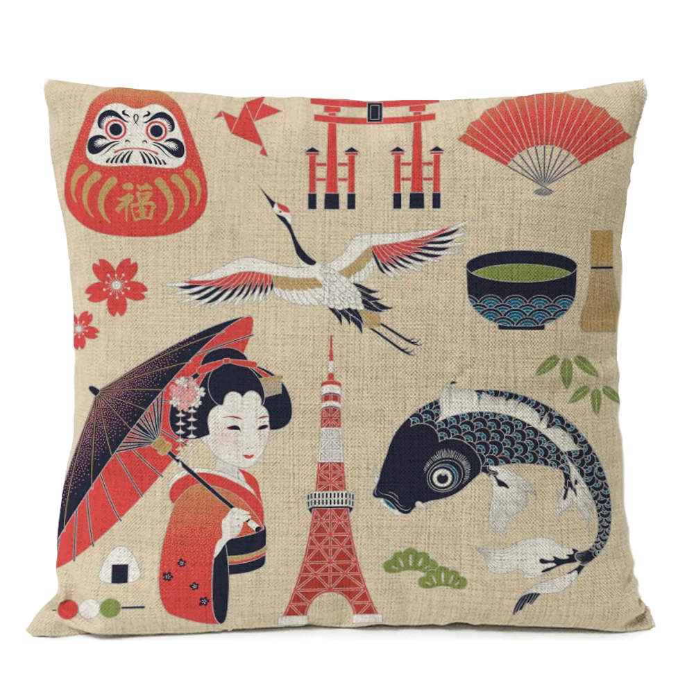 Japanese Fuji Cherry Cushion Cover Home Decorative Pillows Japan Ukiyo-e Wave Pillow Cover Linen Pillow Case Cojines Almofada