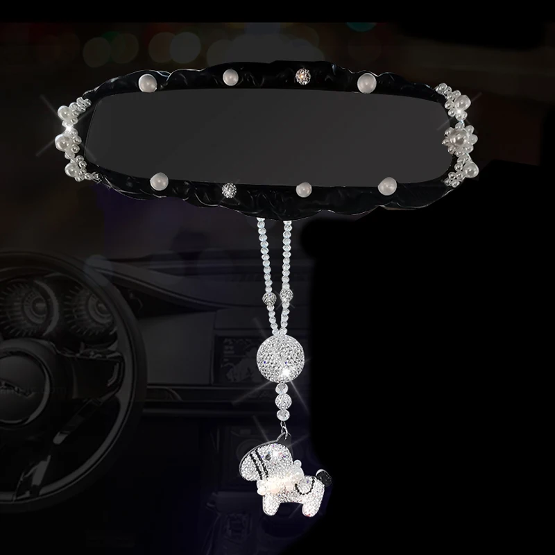 

Pearl Car Interior Rearview Mirror Cover Crystal PU Leather Auto Rear View Decoration Car Accessories For for Girl Ladies Women