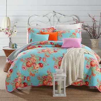 

Floral print Bedspread Queen size Quilted Cotton Coverlet Bed cover set Summer Comforter Blanket Bed set Pillowcases 3Pcs set