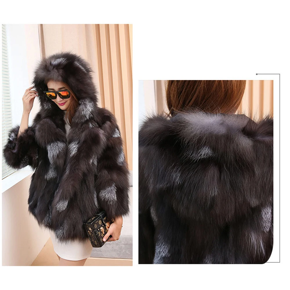 Женская Шуба из натурального меха черно бурой лисы пальто с капюшоном 2021 Новинка