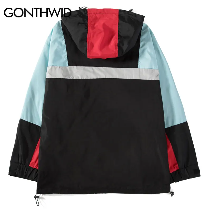 GONTHWID, передний карман на молнии, цветной пуловер, полумолния, ветровка с капюшоном, куртки, Мужская Уличная одежда в стиле хип-хоп, верхняя одежда, пальто