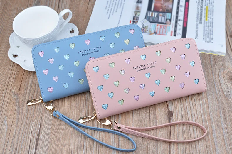 Leather women's wallet New cute Love color hollow large capacity Purses women Solid color purses Long Love zipper female wallet