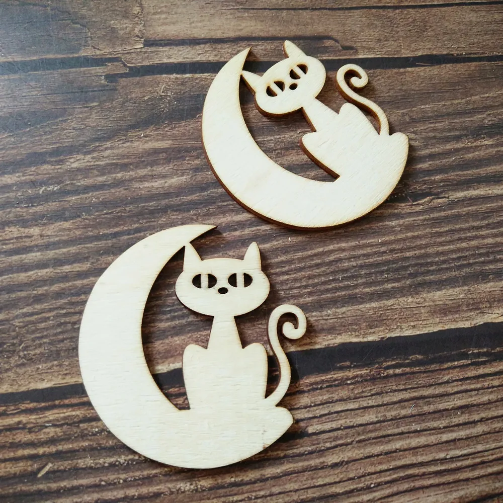 10pcs Laser Cut Unfinished Wooden Cute Cat on the Moon Home Decor Wall Hanging Art Kids Birthday Decorations DIY Craft Scrapbook | Дом и сад