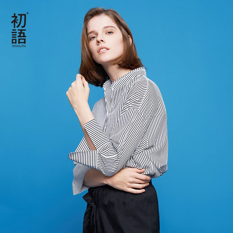 

Toyouth 2019 Women Tops and Blouses Wave Embroidery Collar Half Sleeve Shirt Asymmetrical Striped Chiffon Blouses Ladies Shirts